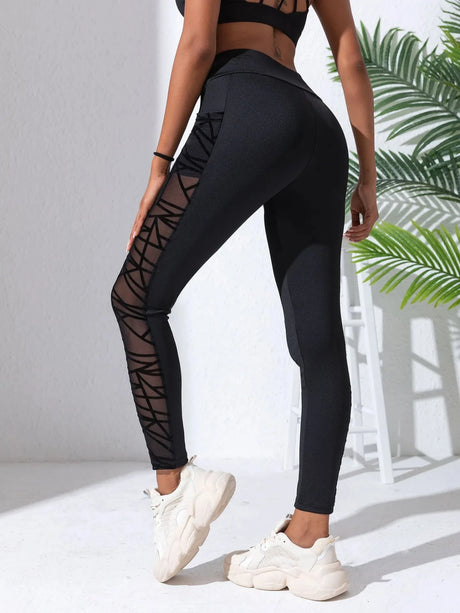 Side Mesh Yoga Women's Leggings Black Fabric Patchwork High Waist Soft Comfortable Gym Fitness Sportswear Long Pants