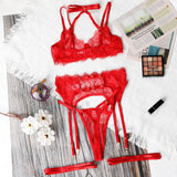 Ellolace Solid Women's Lingerie Sets Seductive Halter Bra Garter Thong 3PC with Leg Circles Sexy Lace Intimate Women Underwear