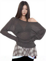 See Through Long Sleeve Oversize T Shirt Women Sexy Back Bandage Off Shoulder Top Female Basic Long Tees Korean Chic Lady New
