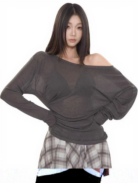 See Through Long Sleeve Oversize T Shirt Women Sexy Back Bandage Off Shoulder Top Female Basic Long Tees Korean Chic Lady New