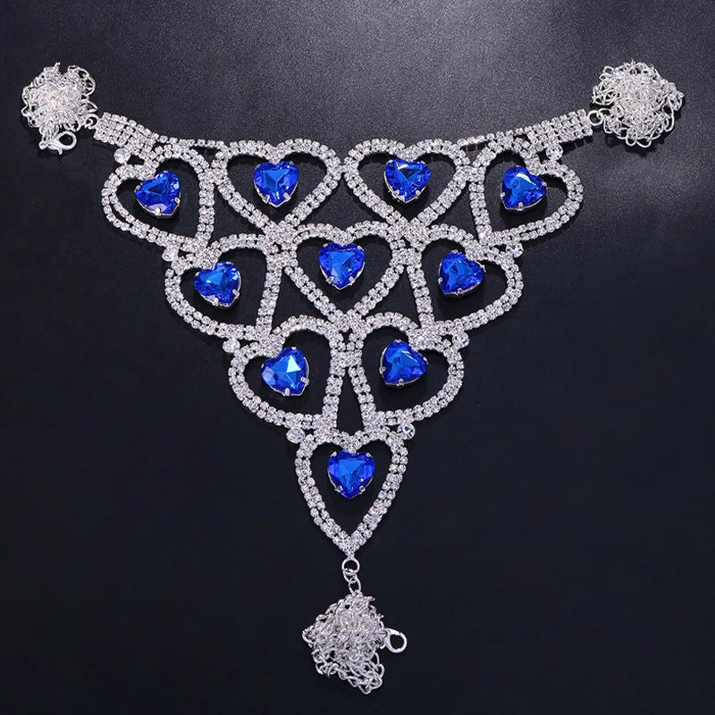 Sexy Rhinestone Blue Heart Body Chain Set Lingerie Jewelry Outfit Women Underwear New 2022 Fashion Bra Chest Chain and Thong Set