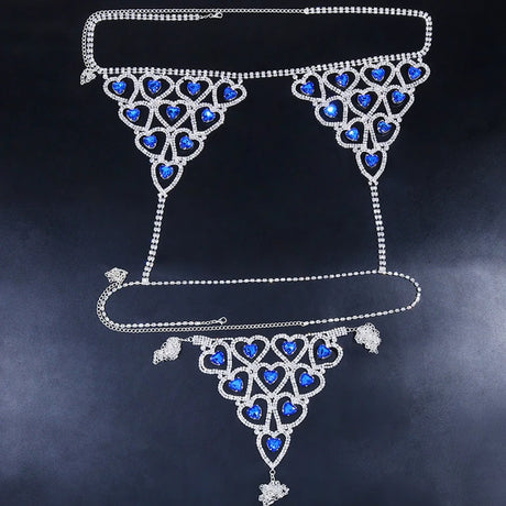 Sexy Rhinestone Blue Heart Body Chain Set Lingerie Jewelry Outfit Women Underwear New 2022 Fashion Bra Chest Chain and Thong Set