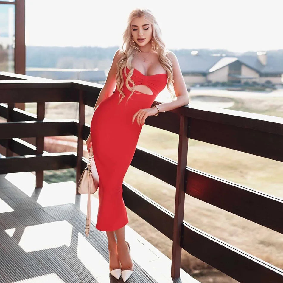 Bow Sleeveless Bandage Midi Dress Women's Black Sexy Patchwork Cut Out Bodycon 2022 Summer Elegant Club Evening Party Dresses